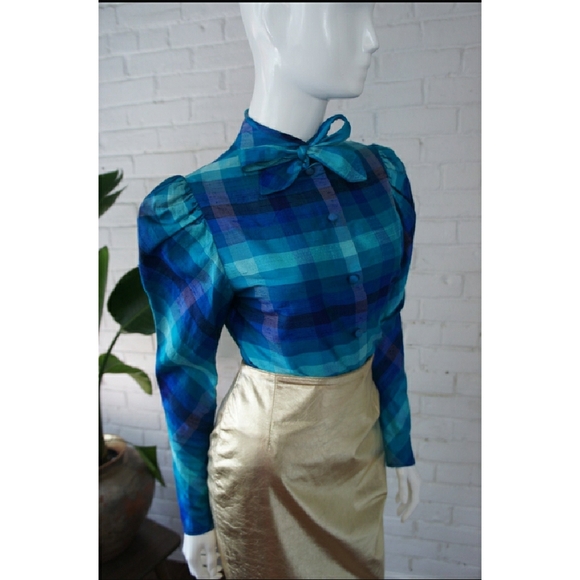Vintage Tops - Vintage Plaid Silk Women's Top with Bow Detail